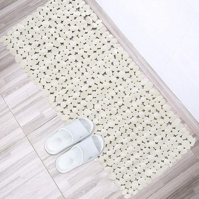 SONGZIMING Bathtub Mat Non Slip Pebble Bath Shower Mat with Drain Holes, Suction Cups Mat for Tub (16" W x 35" L,Beige)
