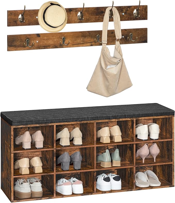 HOOBRO Shoe Storage Bench with Cushion, 39.4" L Entryway Bench with 12 Cubbies, Entryway Hall Tree with Storage, Shoe Cabinet with Coat Rack for Bedroom, Hallway, Holds up to 330 lb, BF112HX01G1