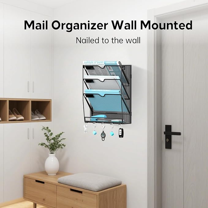 Wall File Organizer - Hanging File Organizer with 5 Hooks, Mail Holder Wall Mounted for Papers, Folders, Magazines, Bills, 4 Tier Office&School Organization, Black