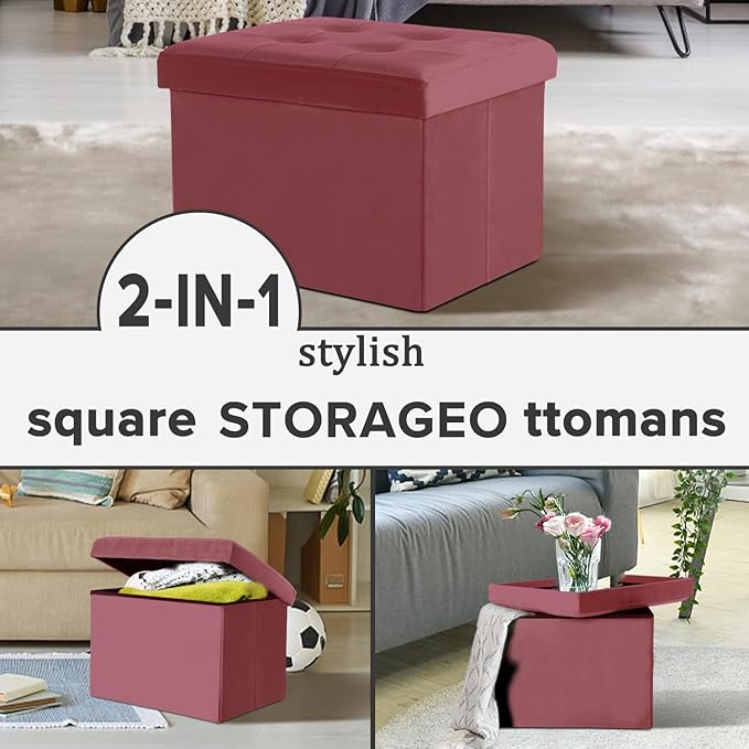 LINMAGCO Storage Ottoman Folding Foot Stool Velvet Footrest with Padded Modern Ottoman with Storage for Living Room Puppy Step Stool 17x13x13in(Jelly Pink)