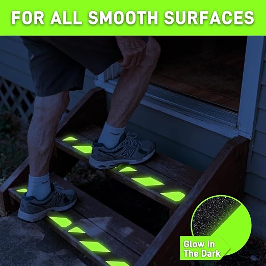 LifeGrip Anti Slip Traction Treads with Glow in Dark Stripe (12-Pack), 2" X 12", Best Grip Tape 80 Grit Non Slip, Pre-Cut Strips, Rounded Corners, Luminous Green - Right Size and Easy Application