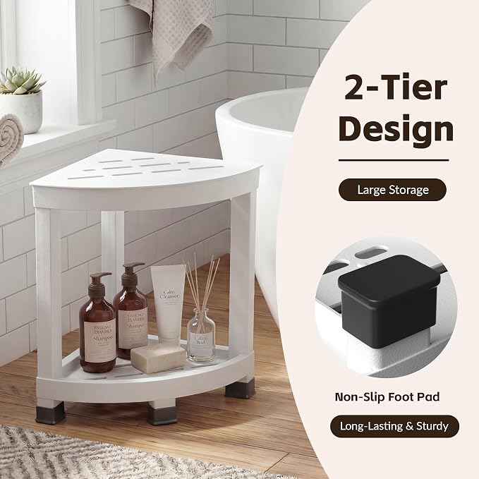 Corner Shower Shelf with 2-Tier Storage, Waterproof Bathroom Organizer, Shower Stool for Inside Shower, Small Corner Shelf with Non-Slip Feet for Bathroom, Bathtub and Living Room,White