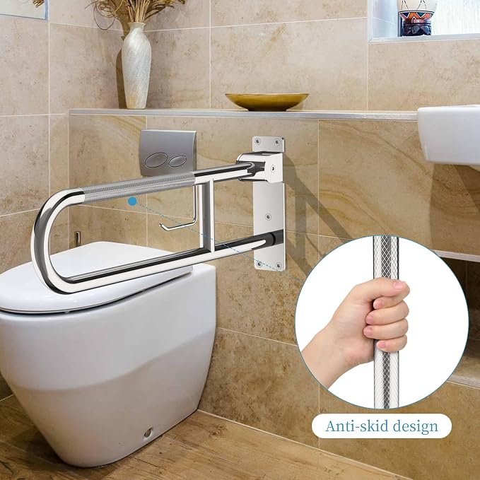 Toilet Grab Bar 32 Inch Chrome, Munzong Anti-Slip Handicap Grab Bars with Paper Holder, Flip-Up Bathroom Safety Rails, Stainless Steel Knurled Support handrails for Seniors Elderly Disabled Pregnant