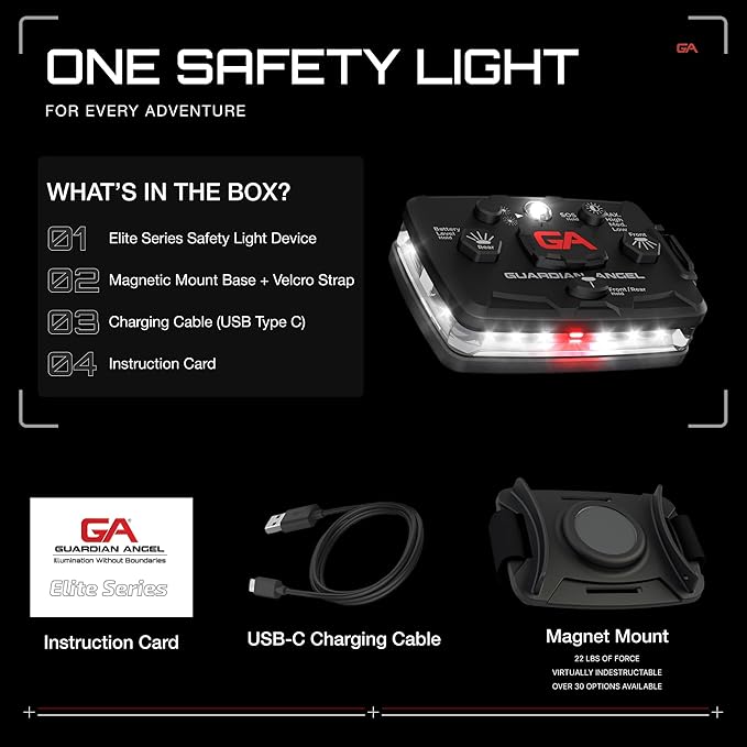 Guardian Angel Elite Series Safety Light, Beacon Device (White Front & White Rear) Rechargeable, Magnetic, Hands-Free Wearable & Mountable LED Flashlight for Industrial PPE, Boat Signal & Mechanics