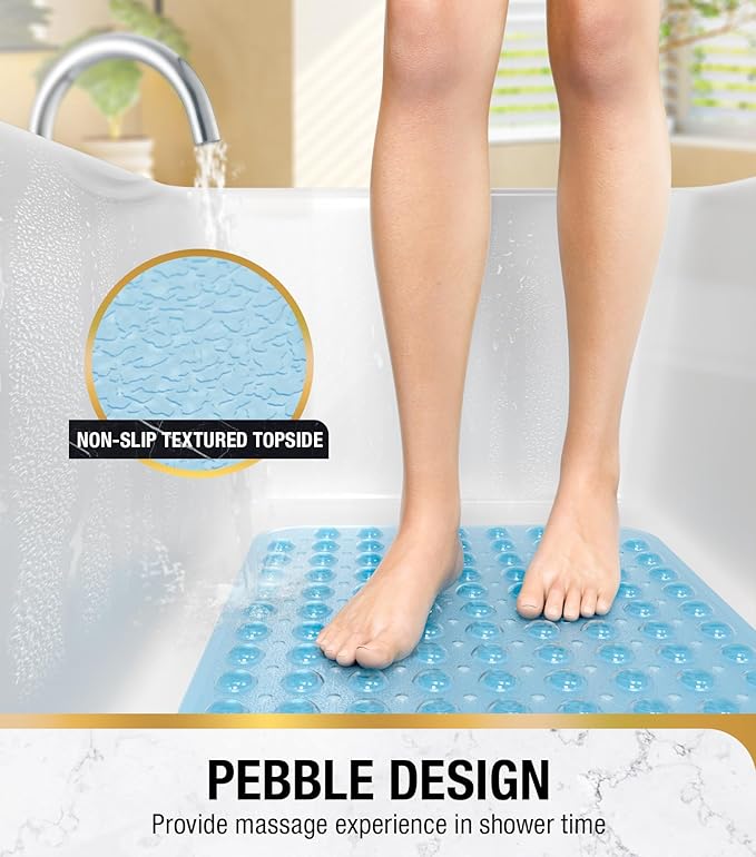 HITSLAM Bath Mat for Tub, Non Slip Bathtub Mat, 40 x 16 Inch Extra Long Bath Tub Mat, Machine Washable Bathroom Shower Mat with Suction Cups and Drain Holes, Soft on Feet, Clear Blue