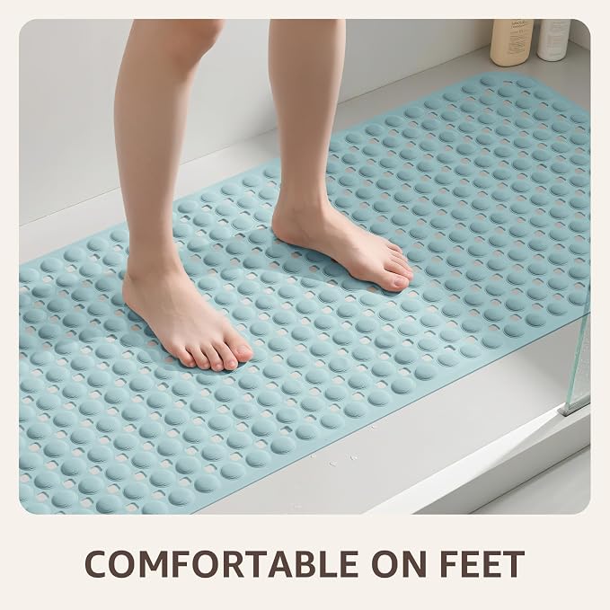 OTHWAY Bath Tub Shower Mat Non Slip, Bathtub Floor Liner Mats for Inside Shower Bathroom, Suction Cups and Drain Holes for Feet Scrubbing, Machine Washable, Soft on Feet, 35x16 Inch, Light Blue