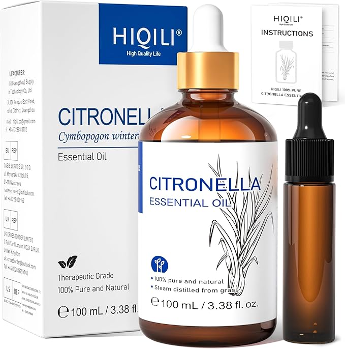 HIQILI 100ML Citronella Oil for Homemade Sprays, Add to Diffuser, 100% Pure and Natural Undiluted 3.38 Fl Oz