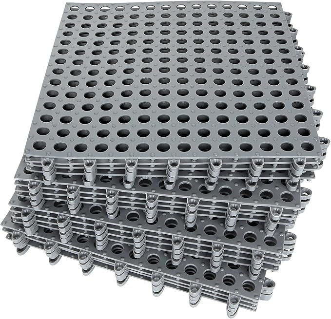 16 Pack 11.8" x 11.8" Interlocking Rubber Floor Tiles Soft PVC Non Slip Shower Floor Mat Pool Bathtub Drain Tiles for Flooring, Drainage Mats for Pool, Deck, Patio, Basement, Kennel, Poultry, Grey