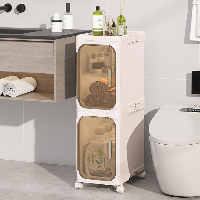 2-Tiers Slim Bathroom Storage Cabinet, Foldable Storage Cabinets,Narrow Bathroom Storage,Movable Bathroom Storage Organizer for Small Spaces,Bathroom,Kitchen,Laundry, Beige