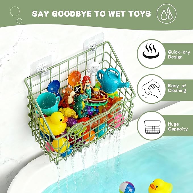 Greentainer 2 Pack Bath Toy Storage Organizer, Large Rustproof Metal Wire Basket, Wall Mounted Hanging Bathtub Holder, Bathroom Shower Caddy for Tub Toys & Toiletries