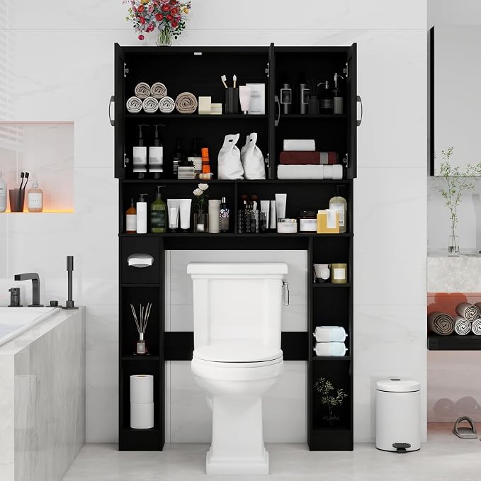 Over The Toilet Storage Cabinet, Farmhouse Toilet Cabinet Rack with 3 Barn Doors, Space Saving Bathroom Organizer with Shelves, Toilet Paper Holder and Towel Rack for Bathroom,Restroom,Laundry, Black.