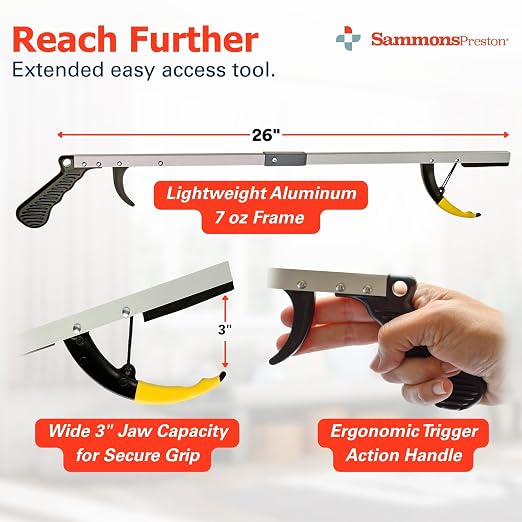 Sammons Preston Reacher, 26" Lightweight Grabber Reacher Tool with Magnetic Tip, Ergonomic Grip & Claw Jaw, Portable Reaching Aid for Seniors, Daily Living & Home Use, Standard Silver, Folding, 2 pack