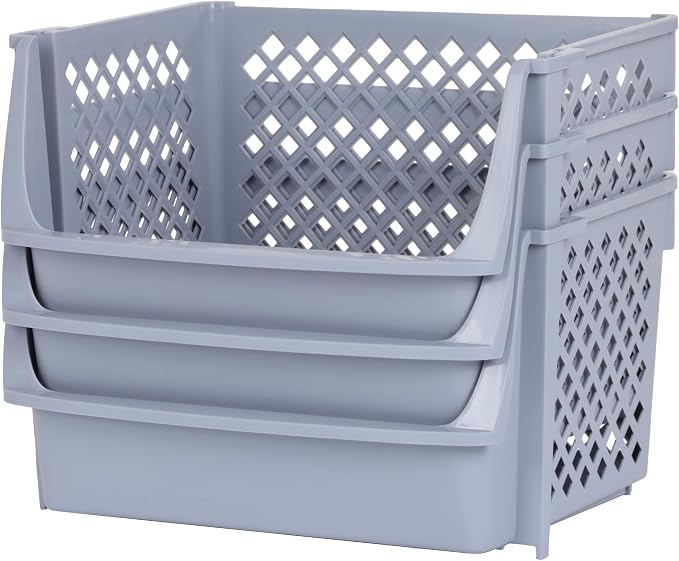 TidyFriend 3 Pk XLarge Stackable Storage Bins Open Front for Pantry Organizers & Storage, Pantry Storage for Food, Kitchen & Home Organization, Plastic Storage Bins, Dorm Room Essentials (Light Grey)