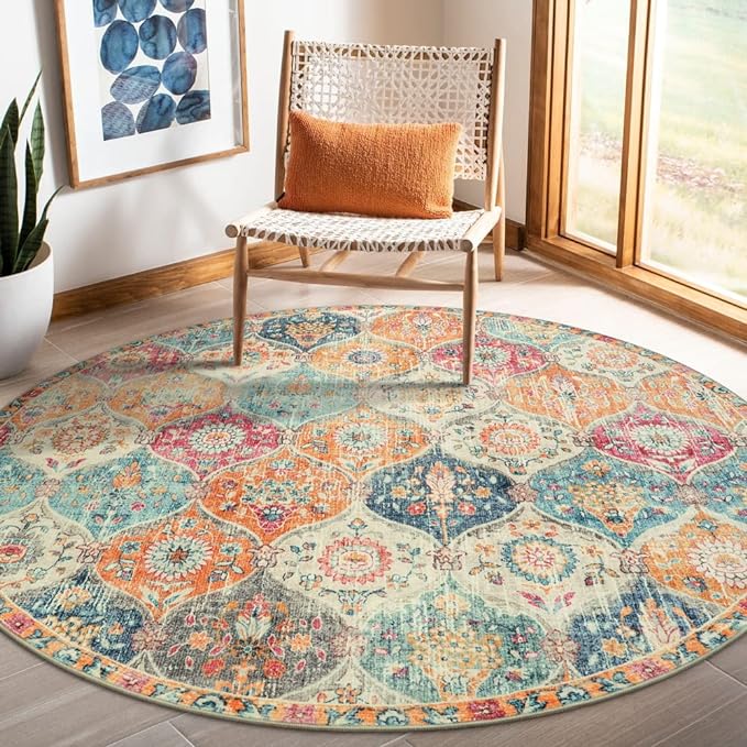 Lahome Moroccan Washable Round Area Rug, Soft Round Rugs 6ft Ultra-Thin Non-Slip, Vintage Distressed Large Circle Carpet for Bedroom Living Room Kitchen Nursery Elise, Burnt Orange