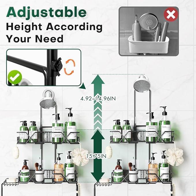 Sewulidon Stainless Steel Hanging Shower Caddy for Handheld Shower Heads,Adjustable Height Extra Long Bathroom Shower Organizer Hanger Rack with Hooks,Soap Holder