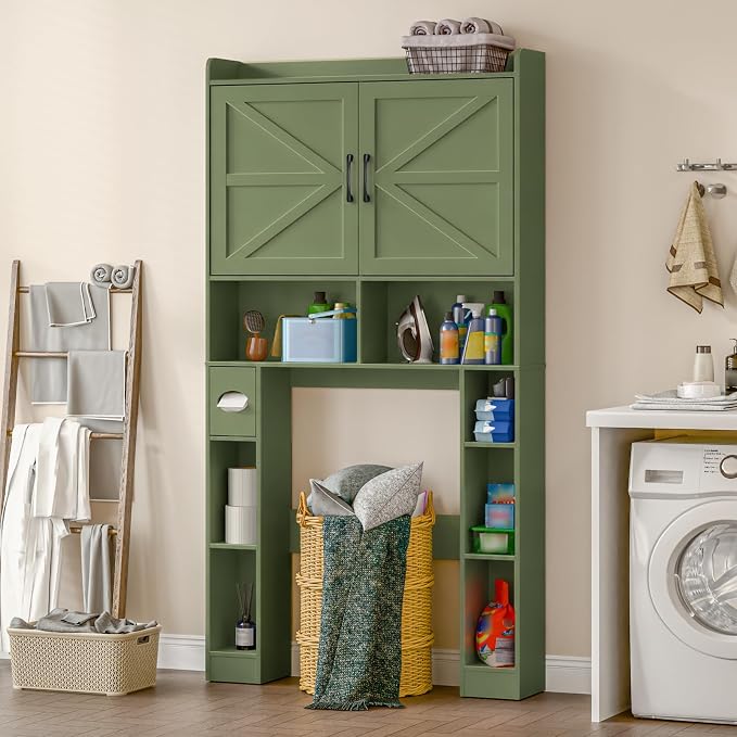 Vabches Over The Toilet Storage Cabinet, Farmhouse Toilet Cabinet Rack with Barn Doors, Space Saving Bathroom Organizer with Shelves, Toilet Paper Holder and Towel Rack for Bathroom,Laundry, Green