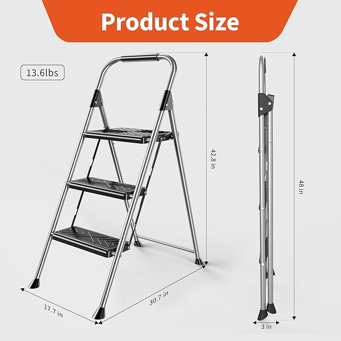DIAMONDFORGE 3 Step Ladder, Folding Step Stool with Anti-Slip Wide Pedal, Soft Handle, Anti-Slip Feet, Sturdiest Steel Construction, 900lbs Capacity Steel Ladder for Home and Office, Grey