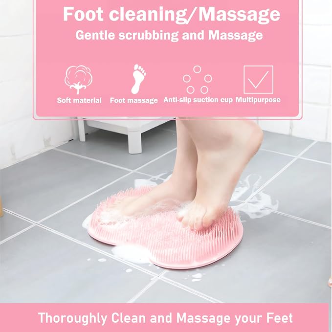 Shower Foot and Back Scrubber Mat,Wall Mounted Shower Foot Scrubber with Suction Cups,Exfoliating Silicone Massage Foot Cleaner for Shower(Grey&Pink)