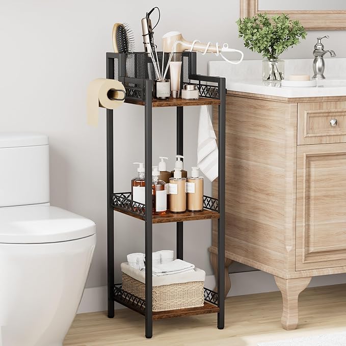 Bathroom Storage and Organizer Shelf Hair Dryer Holder, 9.85in 3-Tier Narrow Metal Standing Rack with Toilet Paper Holder, Corner Stand for Cosmetic, Vanity, Kitchen, Laundry Rustic Brown