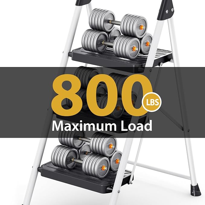 KINGRACK 3 Step Ladder, Folding Step Stool with Comfortable Handrail, Wide Anti-Slip Pedals & Safe-Lock Design, 800lbs Load Capacity, Sturdy Steel Portable Ladder, Perfect for Home and Kitchen, White