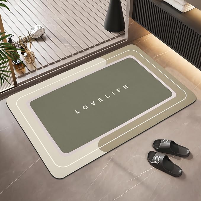 Bath mat Rubber Bathroom Mat-Quick Dry Absorbent Rug Non-Slip Thin Bathroom Rug Instant Dry Magic Bath mats for Bathroom Floor Mat in Front of Bathtub, Sink, Beige, 17x27in
