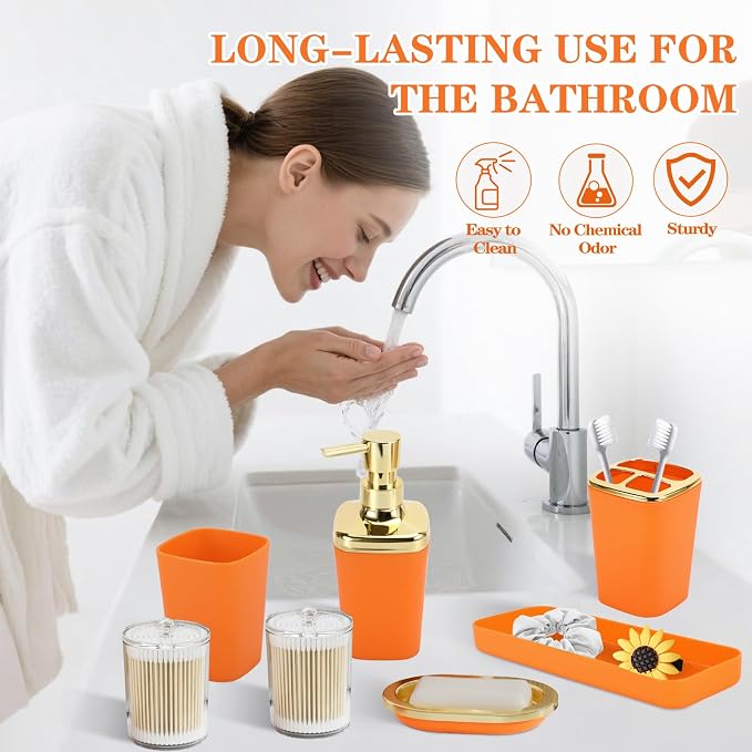 XLHOMO Orange Bathroom Accessories, Bathroom Sets with Stripe Shower Curtain, Orange and Gold Bathroom Accessories Set with Trash Can, Soap Dispenser, Soap Dish, Qtip Holders for Bathroom