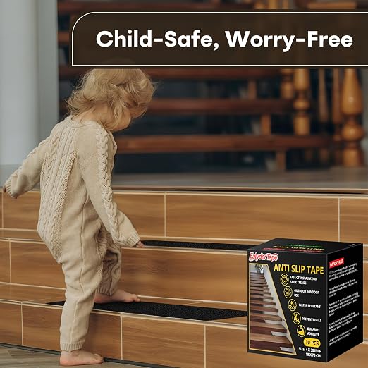 Non Slip Tape 4 inch X 30 inch (10-Pack) - Outdoor Waterproof Non Skid Tape, Stair Treads Anti Slip Tape for Step, Deck, Pre-Cut Anti Slip Tape, Black with Roller