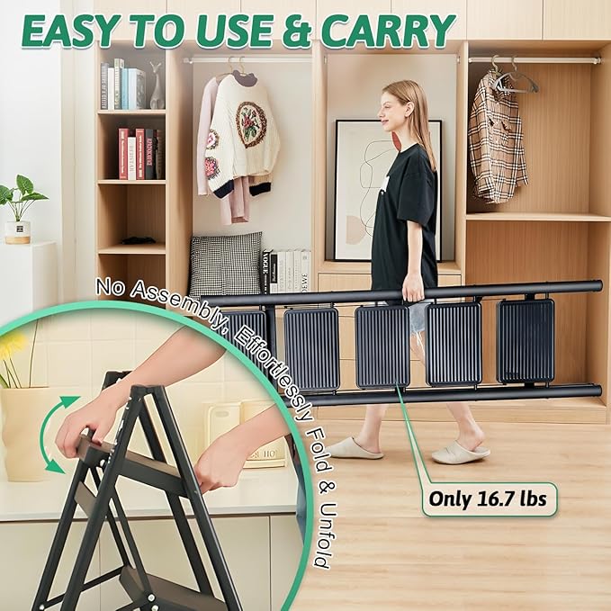 5-Step Folding Ladder for Home Use, Heavy-Duty Step Ladder with Anti-Slip Wide Steps, Portable Foldable Ladder, 330 lbs Load Capacity