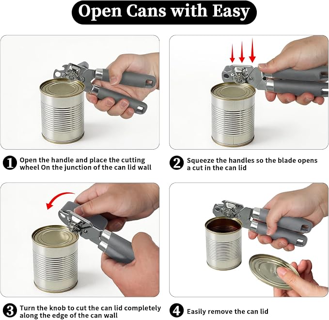 Can Opener Manual, Hand Heavy Duty Stainless Steel Bottle Opener Comfortable Handle, Sharp Blade Smooth Edge, Multifunctional Kitchen Tool, Gray