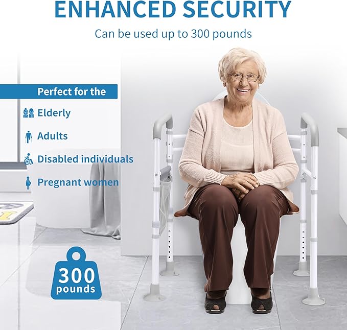 Toilet Safety Rails (300 LB) – Adjustable, Foldable Toilet Handle Frame for Elderly & Disabled Adults, Supports All Toilet Types with Storage Bag