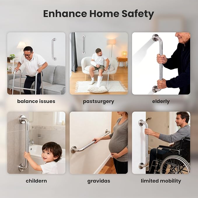 Handicap Grab Bars 2 Pack 18 Inch, Mirror Polished Stainless Steel Shower Handle with Gray Rubber Grip, Bathroom Safety Bars for Elderly, Anti-Rust Wall Mounted Handrail for Showers