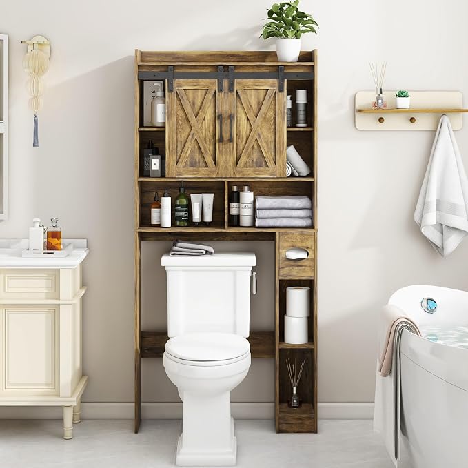 Vabches Over The Toilet Storage Cabinet, Farmhouse Storage Cabinet Over Toilet with Sliding Doors & Toilet Paper Holder Stand，Home Space-Saving Toilet Rack, for Bathroom, Restroom, Laundry