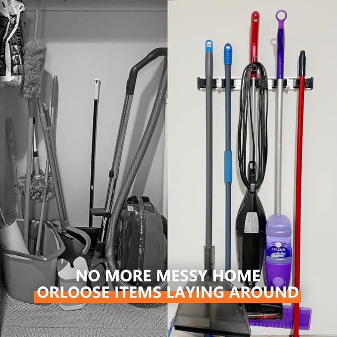 reliahom Broom Holder Wall Mount, 5 Racks with 4 Hooks Black - Mop Storage Tool Racks, Broom Hanger Tool Organizer for Garage, Kitchen, Garden, Laundry Room