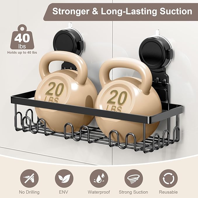JOTPE Shower Caddy Suction Cup 2 Pack, No Drilling Shower Organizer for Bathroom with Large Capacity, Storage Suction Powerful Max Hold 40 lbs, Waterproof & Removable Bathroom Shelf, Black