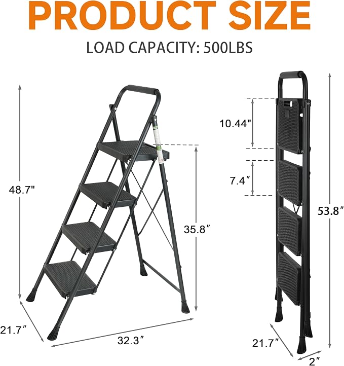 Arbusb Step Ladder, Folding Step Stool with Wide Anti-Slip Pedals, Sturdy Steel Ladder with Handrail, Space-Saving, Portable for Home & Adults, 4 Step Ladder