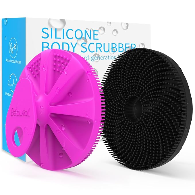 Silicone Body Scrubber 2 Pack, BEAUTAIL Gentle Bristles Shower Bath Brush, Lather Nicely, Soft Massage Body, More Hygienic Than Loofah, Gentle Exfoliating for Sensitive Skin, Purple+Black