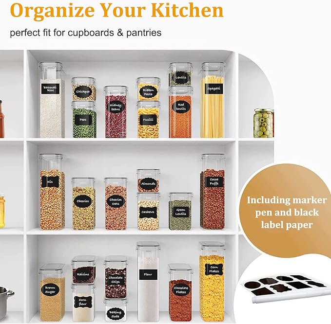 18 Pack Airtight Food Storage Containers with Lids, BPA Free Clear Pantry Storage Container for Kitchen Food Pantry Organizers and Storage, Plastic Pantry Organiser for Cereal,Flour and Sugar