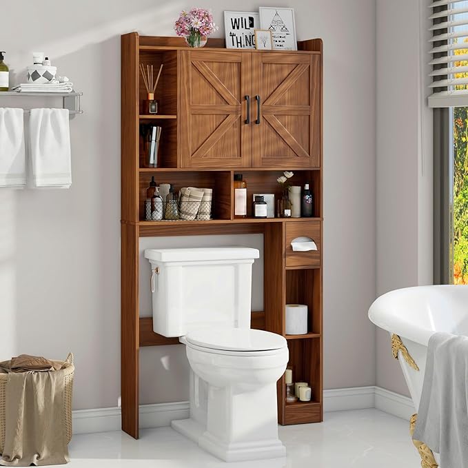 Vabches Over The Toilet Storage Cabinet, Farmhouse Storage Cabinet Over Toilet with 2 Barn Door & Toilet Paper Holder Stand，Home Space-Saving Toilet Rack, for Bathroom, Restroom, Laundry.Caramel