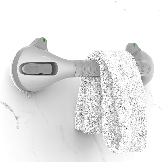 17-inch Suction Shower Grab Bar with Indicators, Tool-Free Installation, Steady Handle for Balance Assist for Bathtub,Bathroom,Toilet, Dual Tone Silver/Grey