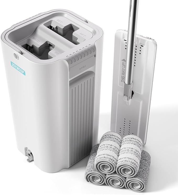 JOYMOOP Flat Mop System, 8L Mop and Bucket Set with Extension Handle, White, Large Capacity Floor Cleaning Mop for Household & Commercial Use, Includes 5 Microfiber Pads for Wet & Dry Cleaning