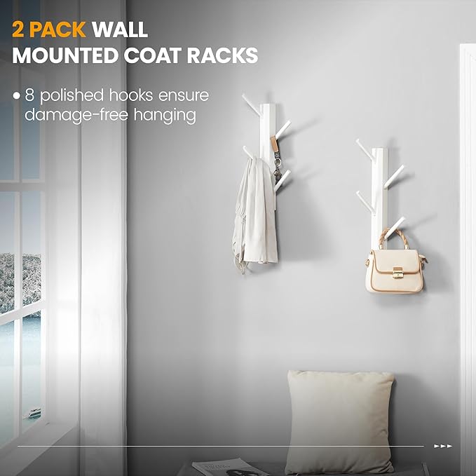 TIOPGHAD 2 Pack Small Vertical Coat Rack Wall Mount, Bamboo Coats Hooks Clothes Holder Hanger for Wall Coat Hat Jacket Clothing Bathroom Robes Entryway(White)