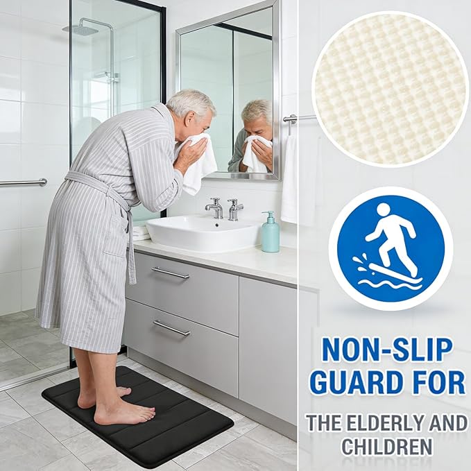 RUN HELIX Bathroom Rugs Set 2 Piece Memory Foam Bath Rugs Non-Slip Bath Mat,Washable Room Mats,Absorbent Shaggy Rug Super Soft Kitchen Mats, Batroom Carpets for Bathroom,Tub,Shower Home Decor（Black）