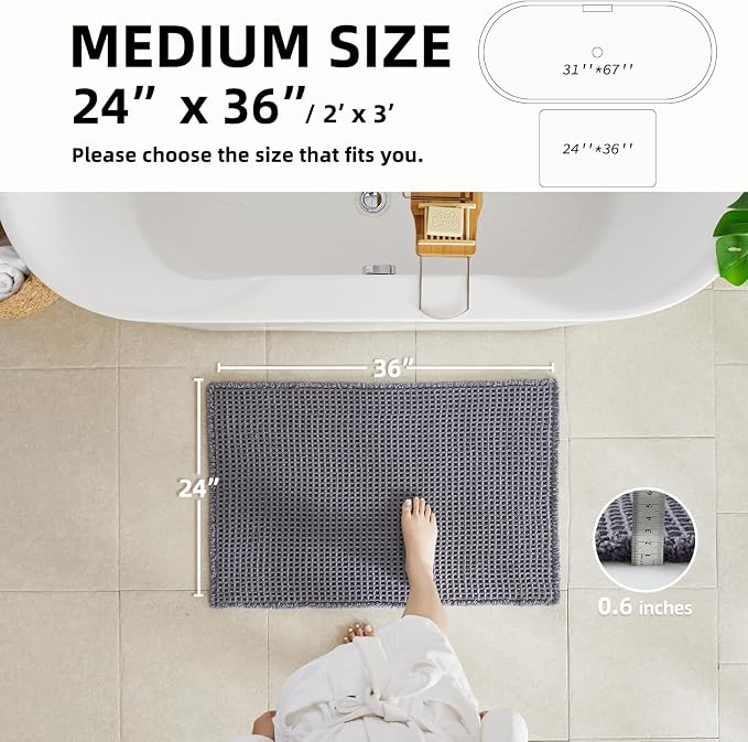 TYUU Waffle Bath Mat, Boho Bathroom Rugs Non Slip Washable Super Absorbent Quick Dry Bath Mat Farmhouse Bathroom Decor, 36"x24" Grey