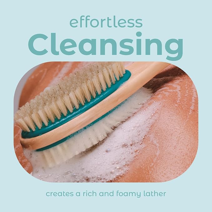 MainBasics Back Scrubber Shower Brush Long Handle Dual Sided Body Brush with Exfoliating Soft Bristles for Back Scrubbing Deep Cleaning and Body Wash (Teal)