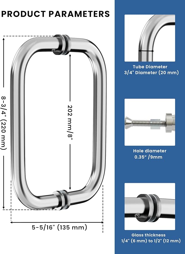 Shower Door Handle, 8 Inch Hole Centers (CTC), 304 Stainless Steel Back-to-Back Glass Door Pull Replacement Hardware for Frameless Sliding Bathroom Doors, Heavy Duty Tubular Grip, Chrome Silver