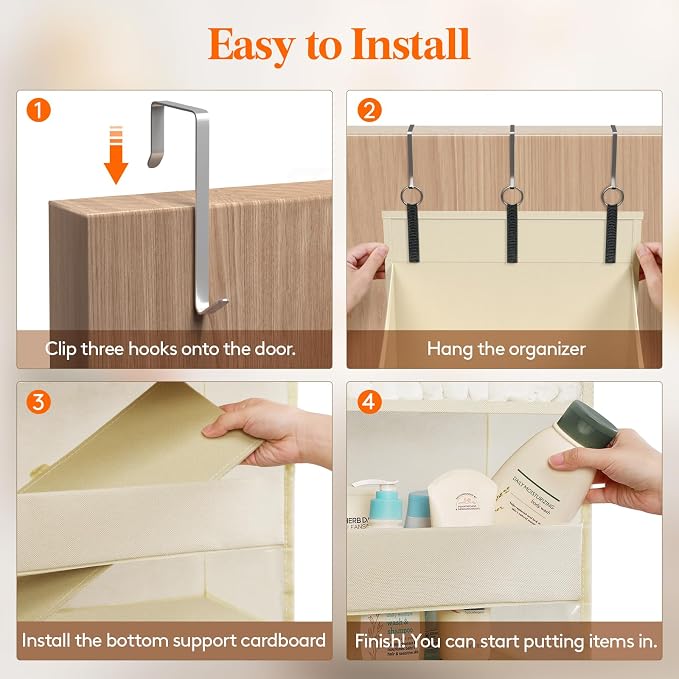Lifewit 1 Pack Over the Door Organizer, Clear Window Hanging Storage with 4 Side Pockets, Anti Tilt 40 lbs Load Behind Door for Pantry, Nursery, Bathroom, Bedroom, Dorm, 5 Section, Beige