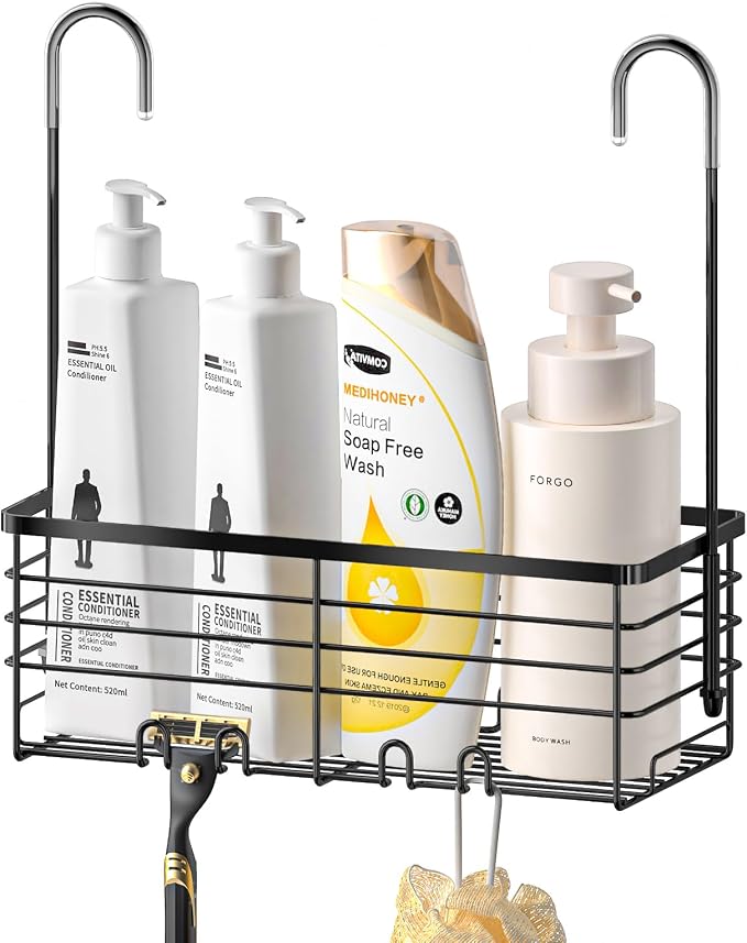 SHANSHUI Shower Hanging Caddy, Bathroom Shower Organizer Basket, Shampoo Bracket Over Door Rack with Hooks, 304 Stainless Steel