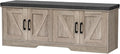 HOMSHO 2-Tier Storage Bench, 47.2" Wide Shoe Bench with Padded Seat Cushion, Entryway Bench with 4 Barn Doors and Adjustable Shelf, Greige