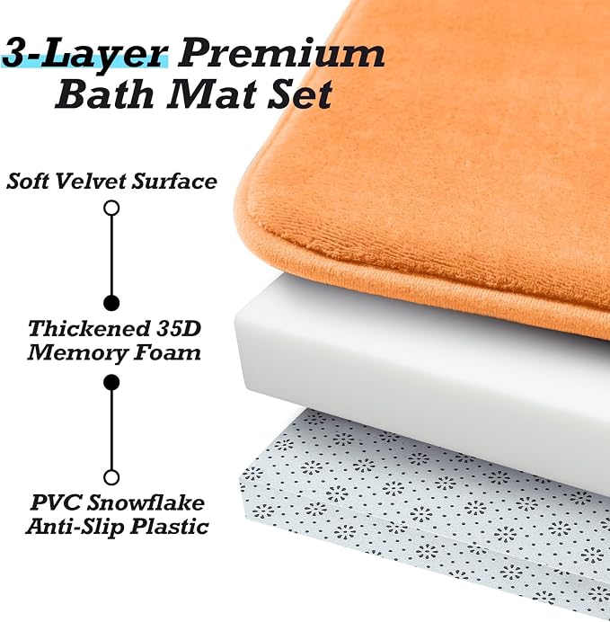 HUXMEYSON Bathroom Rugs Sets 2 Piece, Non-Slip & Quick Dry Bath Mat Set, Ultra Soft Velvet Bath Rugs for Bathroom, Toilet and Shower Floor, Orange