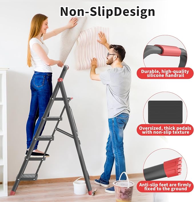 DIAMONDFORGE 800lbs Foldable Step Ladder Stool with Handle, Anti-Slip Wide Pedals & Feet, 5-Step Capacity, Sturdy Stepstool Folding for Adults in Home & Kitchen Use - Black